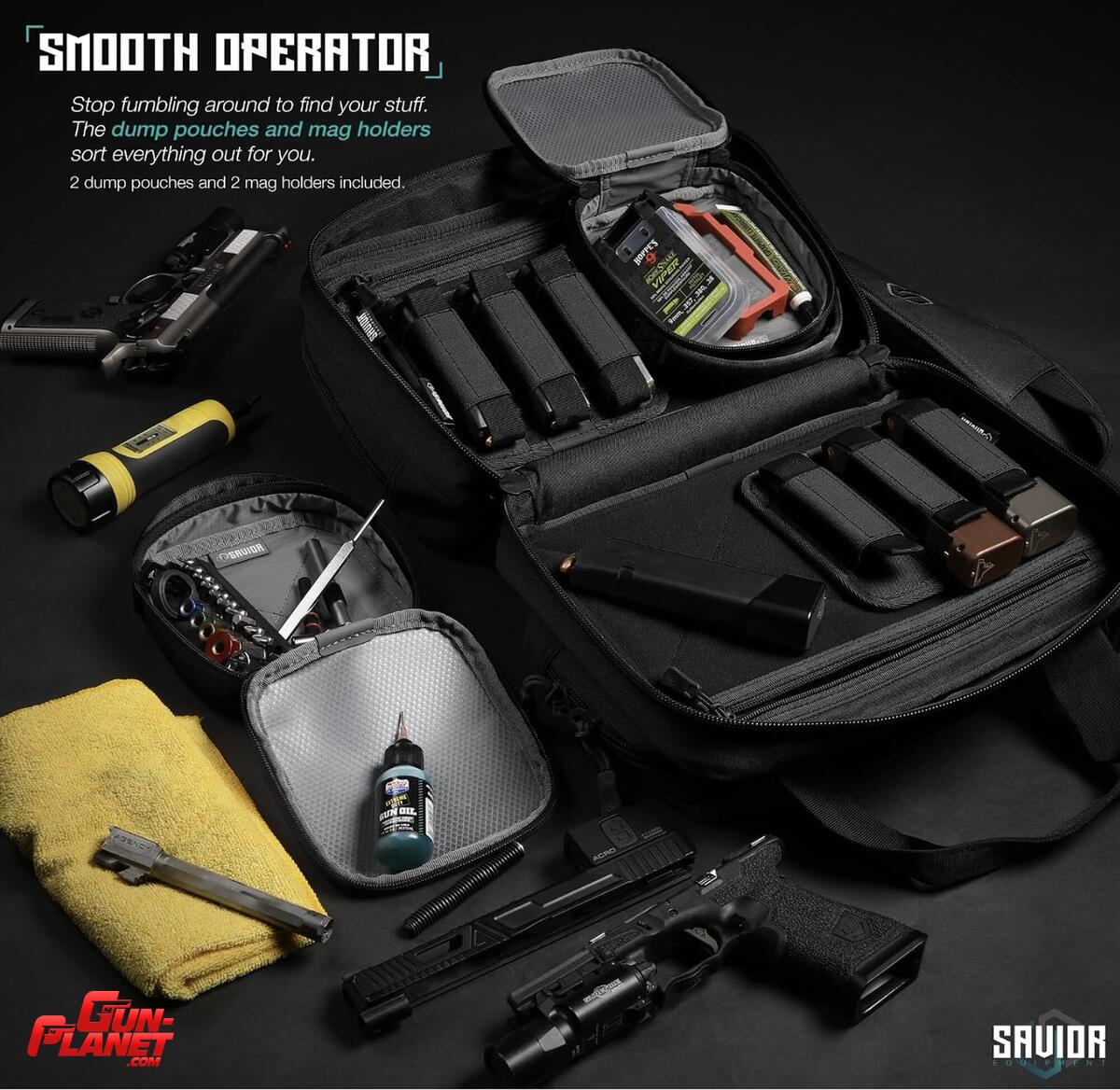 Savior  Equipment Specialist Series Tactical Double Scoped Handgun Firearm Case Pistol Bag For Outdoor Hunting Shooting Range, Lockable Compartment, Additional Magazine Storage Slots